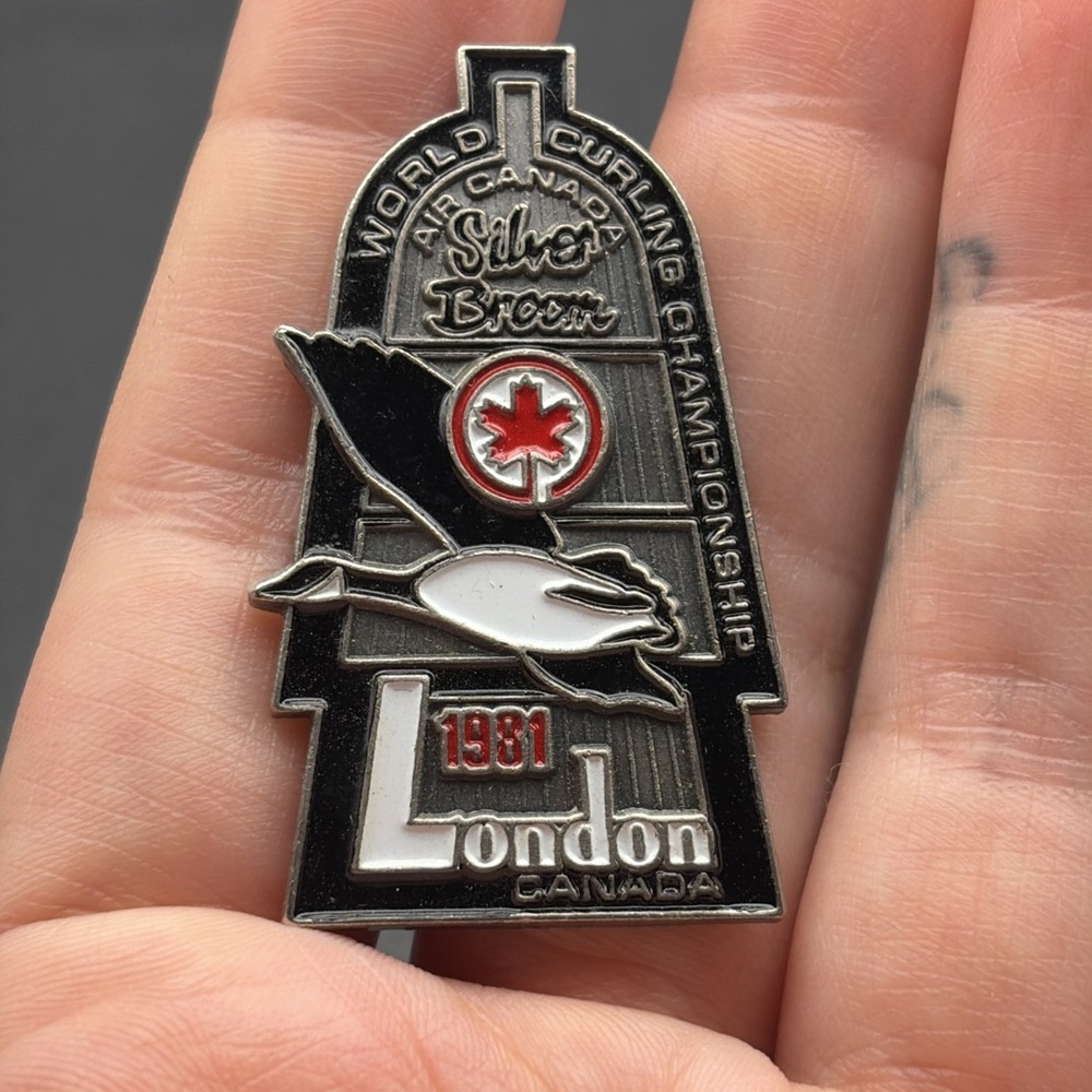 World Curling Championship Air Canada Silver Broom 1981 London Lapel Hat Pin